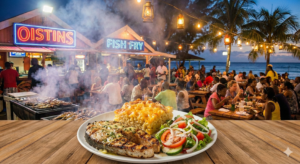 A delicious plate of grilled Mahi-Mahi fish and Bajan macaroni pie served at Oistins Fish Fry.