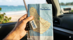Keys and map ready for driving in Barbados after successfully renting a car.