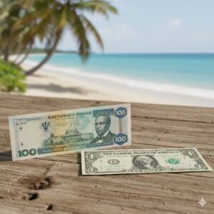 A mix of colorful Barbados currency and US Dollars for a Caribbean vacation.