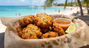 Crispy golden Bajan fish cakes, a popular Barbados street food.