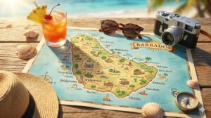 Planning the perfect 7 day Barbados itinerary with a map and sunglasses.