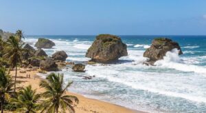 The dramatic rock formations of Bathsheba Beach on the East Coast of Barbados.