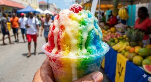 A colorful Bajan snow cone topped with sweet condensed milk.