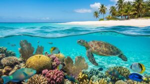 A sea turtle swimming in the clear waters of Barbados, a top snorkeling destination.