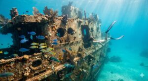 A snorkeler exploring a sunken shipwreck in the crystal clear Caribbean sea.