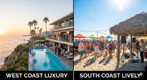 A split image showing a luxury West Coast hotel vs. a lively South Coast beach bar.